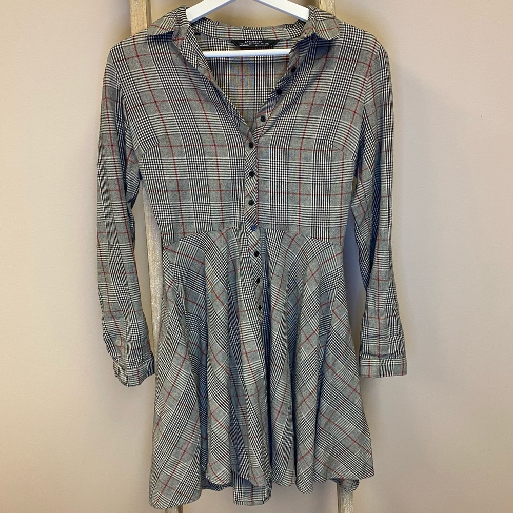 Zara woman plaid long sleeve button up shirt dress